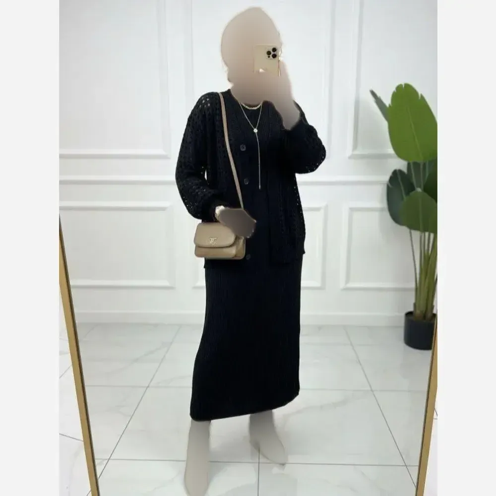 ست سارافون و کت بافت زنانه رنگ مشکی فری سایز تا 46
