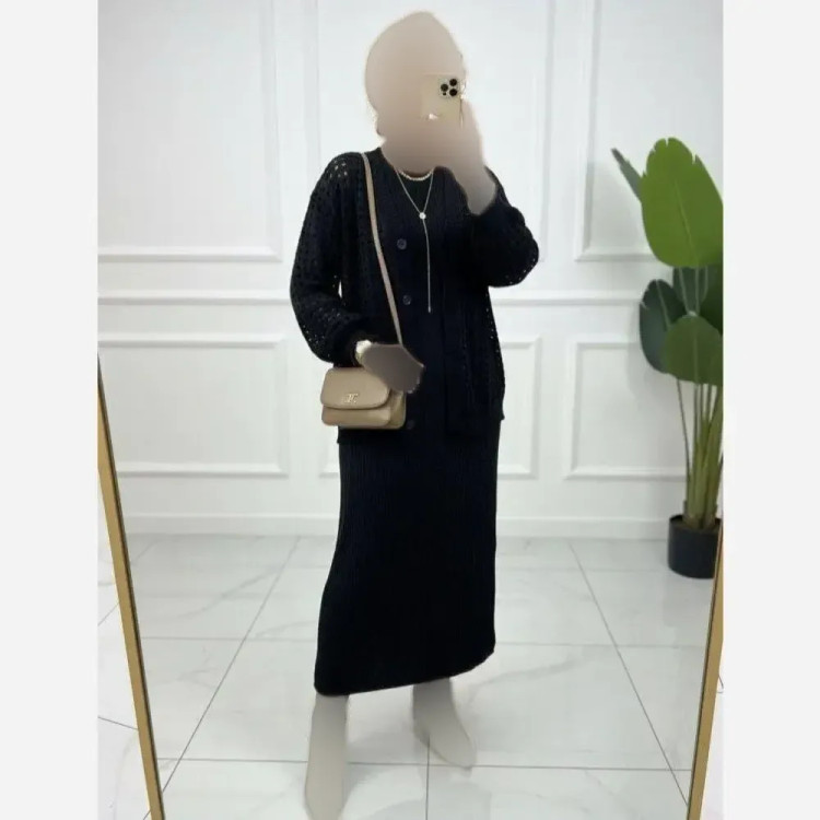 ست سارافون و کت بافت زنانه رنگ مشکی فری سایز تا 46