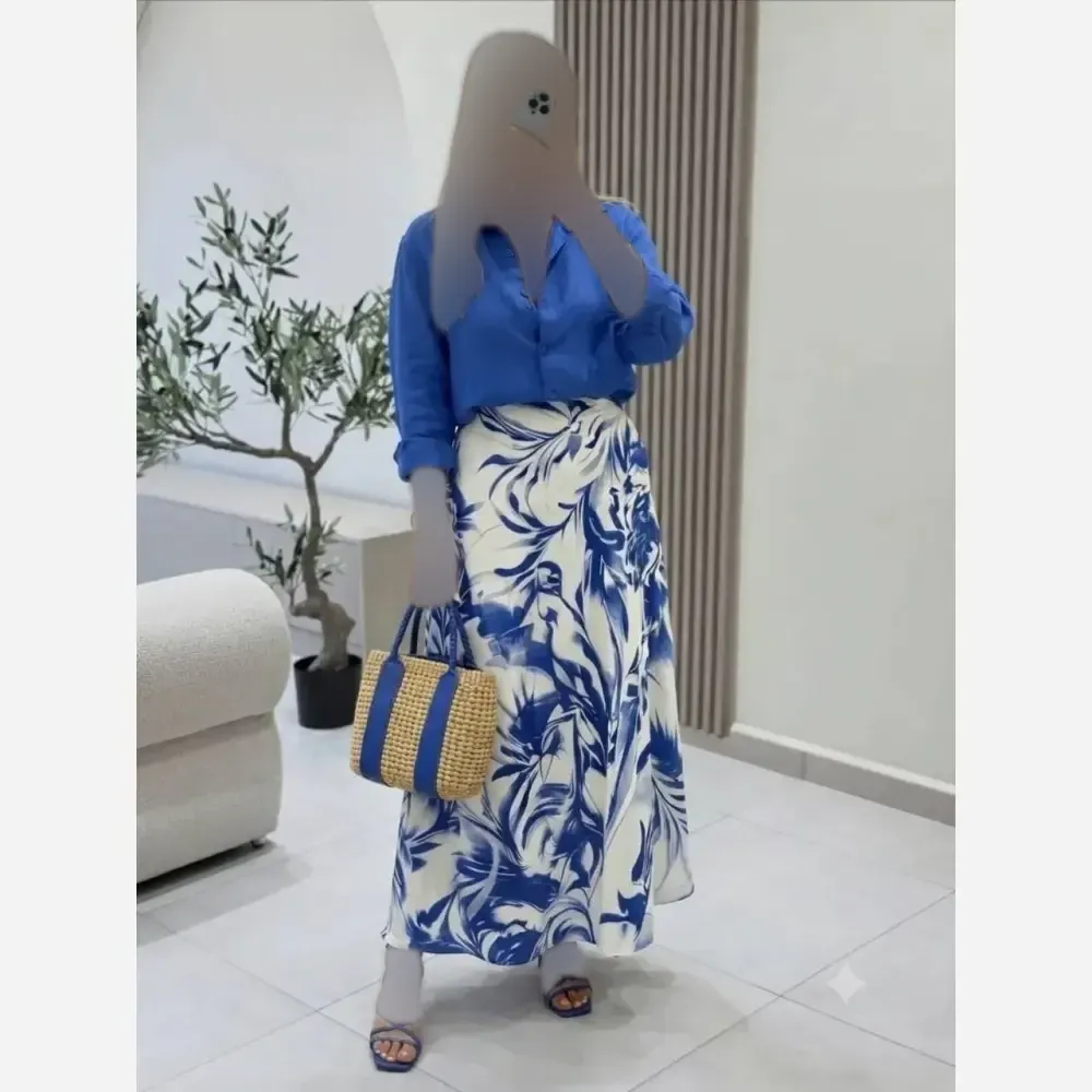 ست شومیز دامن آثنا ابروبادی بوگاتی فری سایز 38 تا 48 رنگ مشکی آبی خردلی