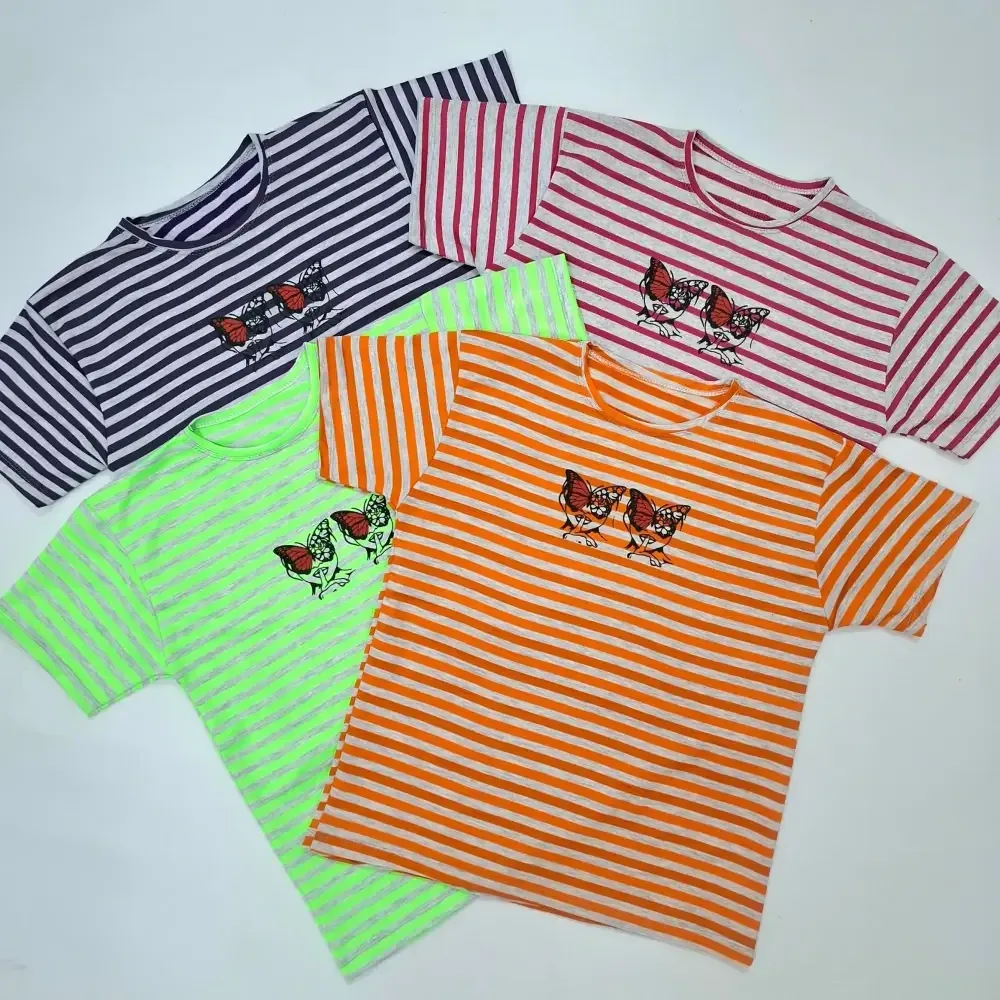 تیشرت زنانه پنبه ملانژ راه راه طرح پروانه فری سایز