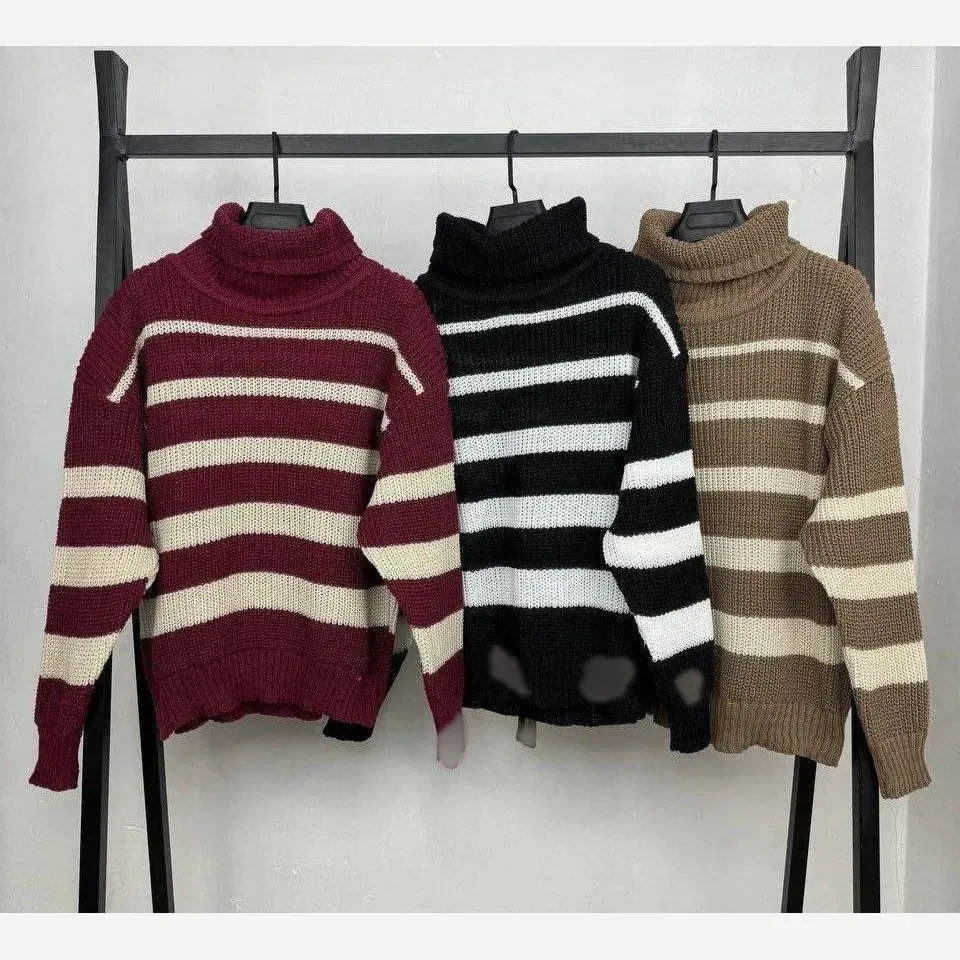 پولیور بافت زنانه یقه شل راه راه فری سایز
