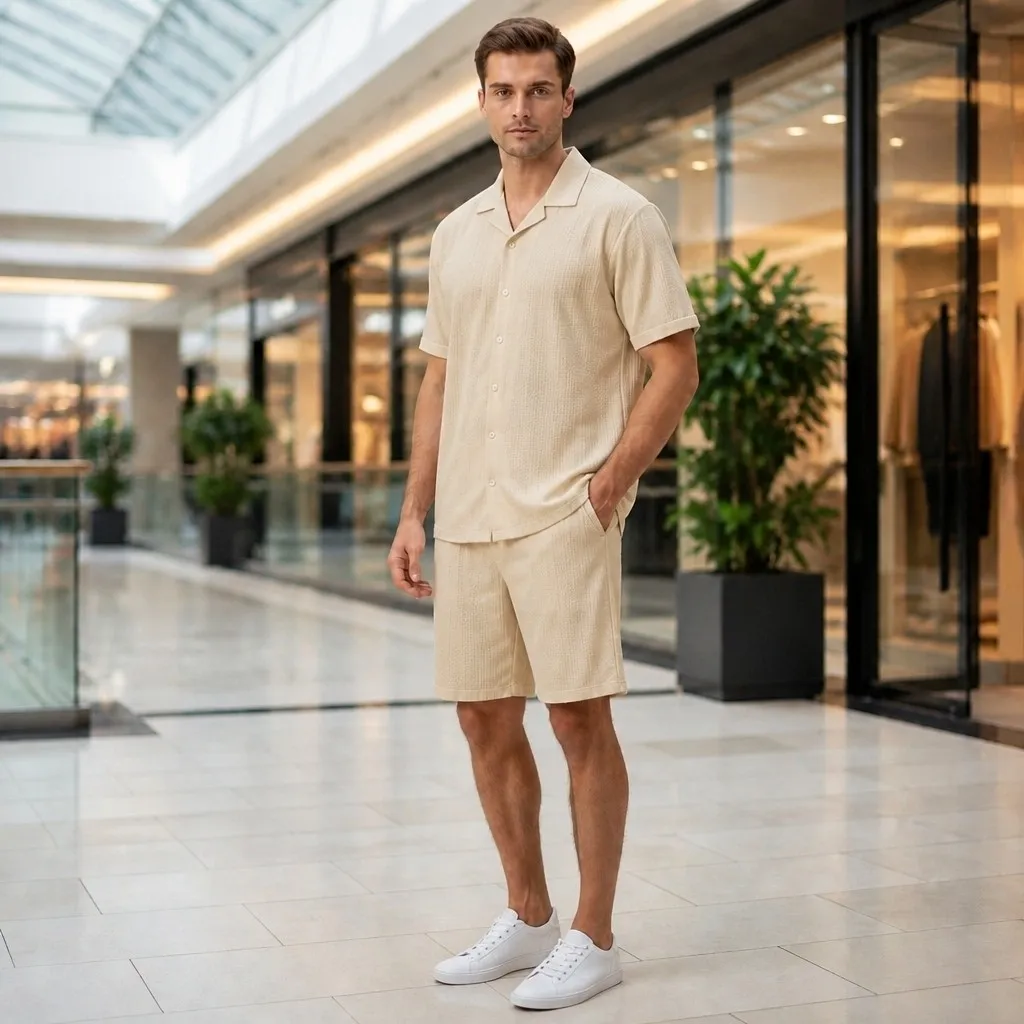 ست پیراهن و شلوارک مردانه پارچه مراکشی بیسکوییتی