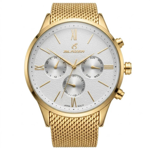 ساعت مچی مردانه بلیزر طلایی صفحه سفید بند حصیری فول تایم رفرانس 3175