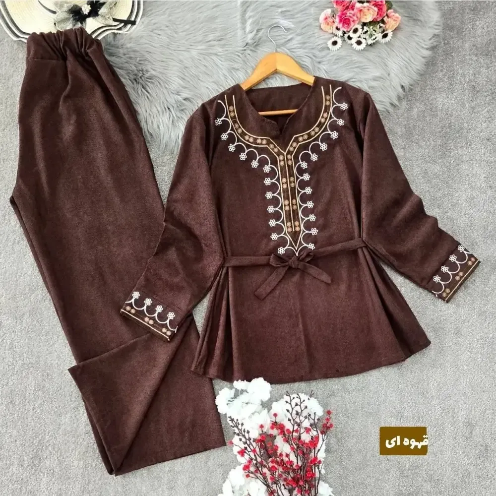 تونیک شلوار پاییزه مخمل کبریتی ریز گلدوزی شده فری سایز شرمین