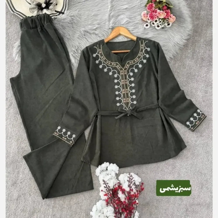 تونیک شلوار پاییزه مخمل کبریتی ریز گلدوزی شده فری سایز شرمین