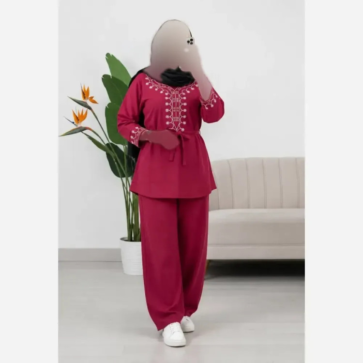 تونیک شلوار پاییزه مخمل کبریتی ریز گلدوزی شده فری سایز شرمین