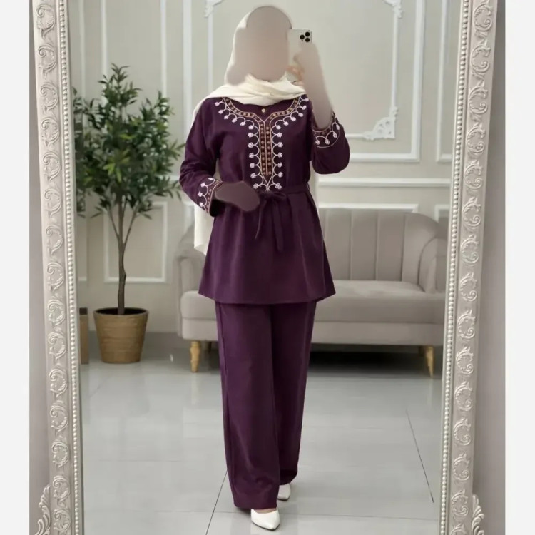 تونیک شلوار پاییزه مخمل کبریتی ریز گلدوزی شده فری سایز شرمین