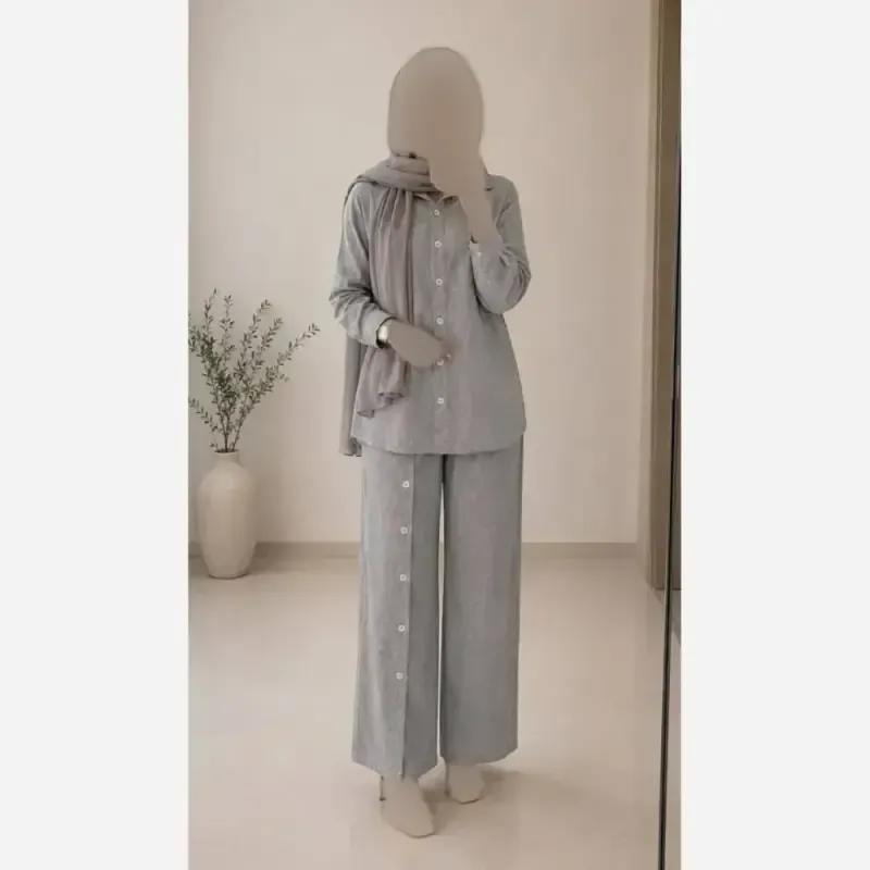 ست مانتو شلوار لنین زارا درجه یک فری سایز رنگ آبی طوسی کرم روشن