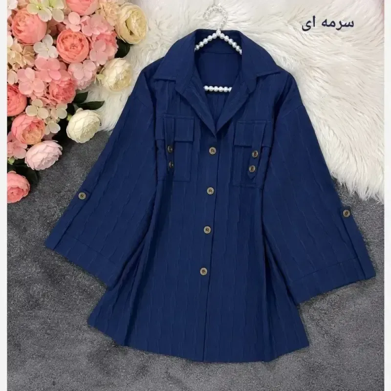 شومیز باکسی لینن پری زنانه رنگ مشکی کرم آبی سایز فری تا 48