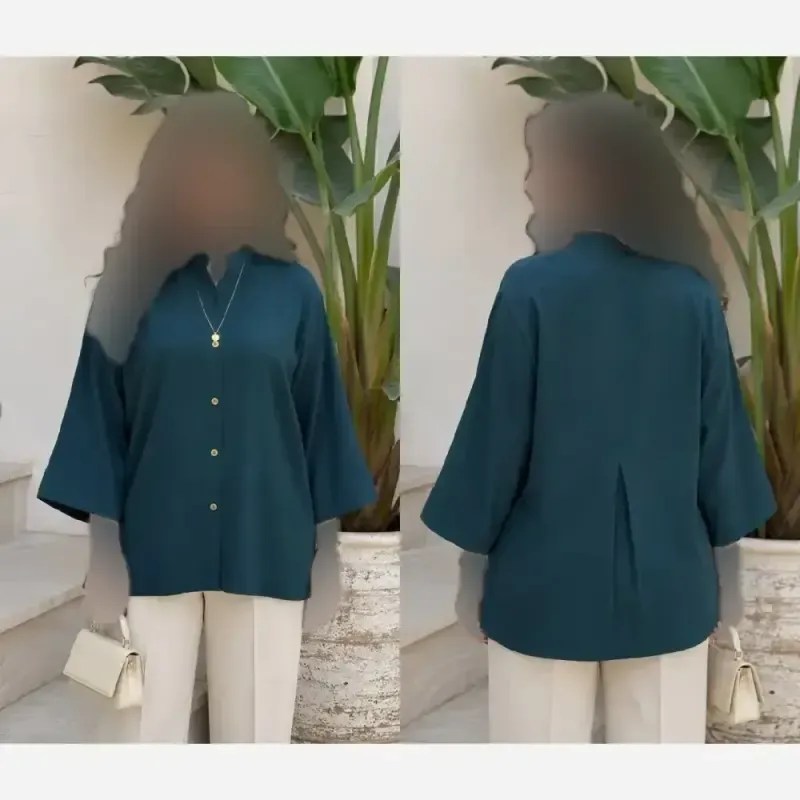 شومیز باکسی لینن پری زنانه رنگ مشکی کرم آبی سایز فری تا 48