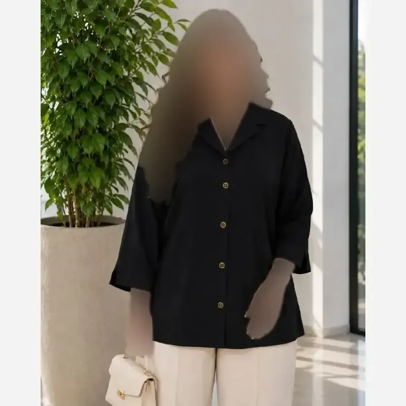 شومیز باکسی لینن پری زنانه رنگ مشکی کرم آبی سایز فری تا 48