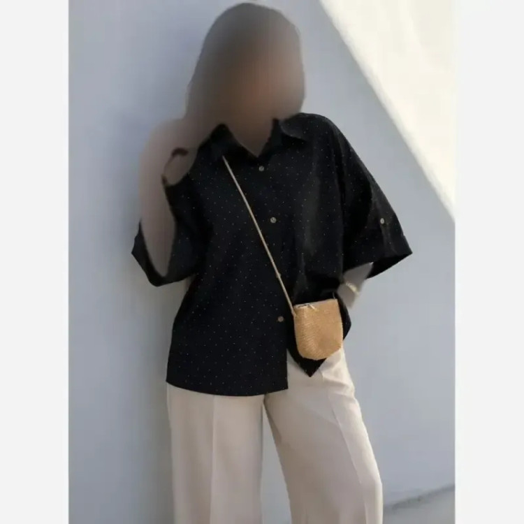 شومیز آستین عروسکی لینن پری زنانه رنگ مشکی و کرم سایز فری تا 48