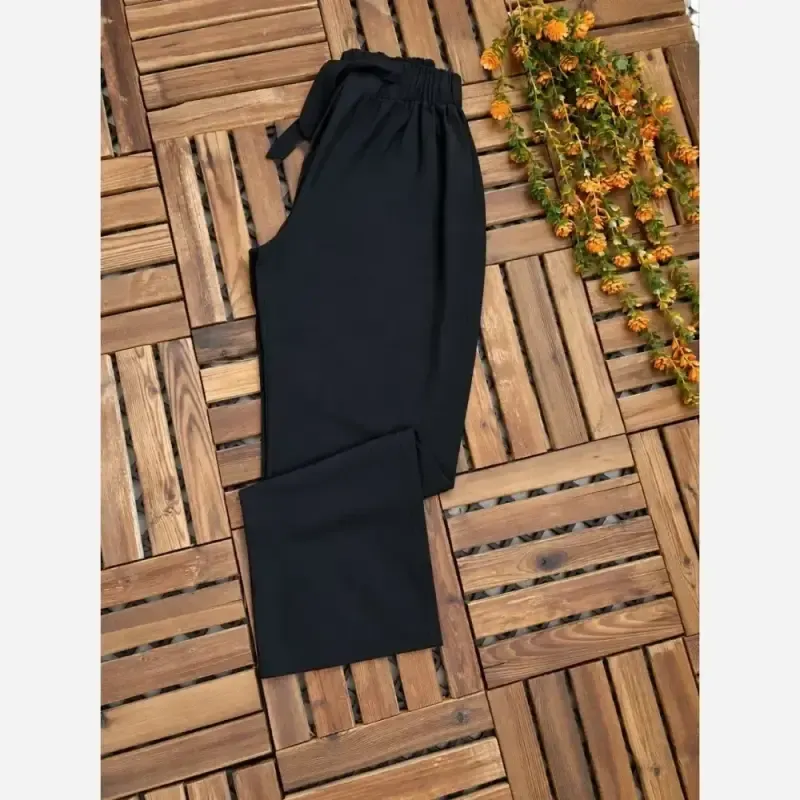 شلوار نیم بگ کتان لنین اعلا مشکی کمر کش قد 98
