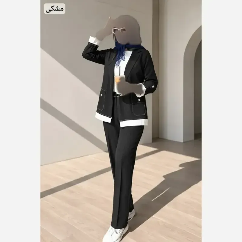 ست کت شلوار زنانه مدل مادینا جنس پرشین دیپلمات سایز فری 36 تا 46 رنگ مشکی سرمه ای طوسی