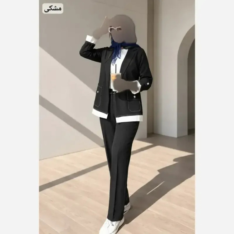 ست کت شلوار زنانه مدل مادینا جنس پرشین دیپلمات سایز فری 36 تا 46 رنگ مشکی سرمه ای طوسی
