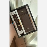 ست کمربند کیف پول و جاکارتی چرم رنگ قهوه ای سوخته