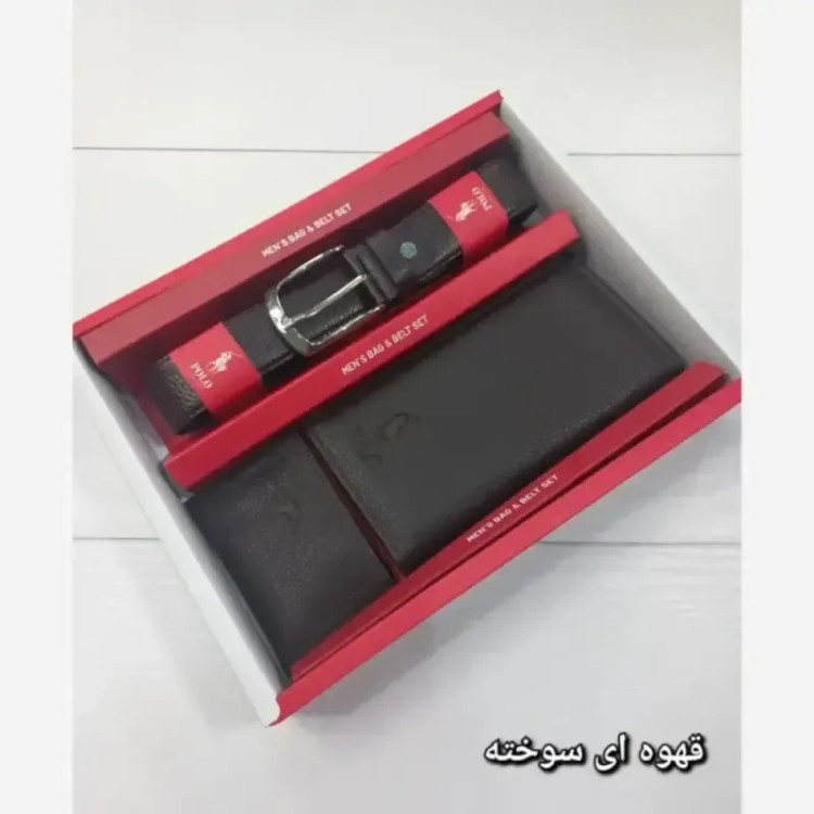 ست کمربند کیف پول و جاکارتی چرم رنگ قهوه ای سوخته