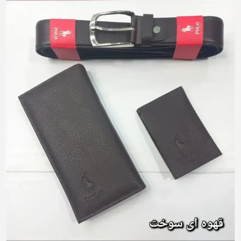 ست کمربند کیف پول و جاکارتی چرم رنگ قهوه ای سوخته