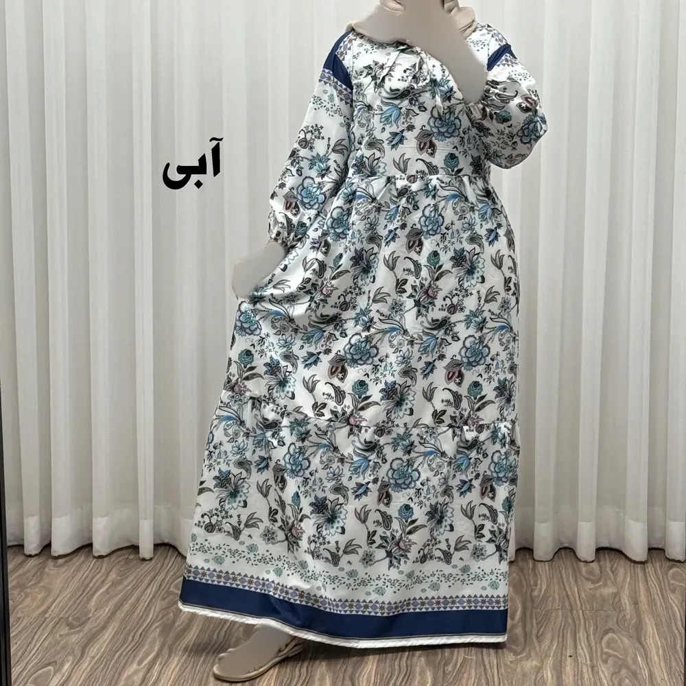 پیراهن فلور بوگاتی حاشیه دار نخی فری سایز تا 50 بنددار چهارفصل زنانه شیک