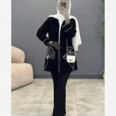 مانتو کتی گلدوزی شده مدل گل لاله نسترن جنس مازراتی رنگ مشکی فری سایز