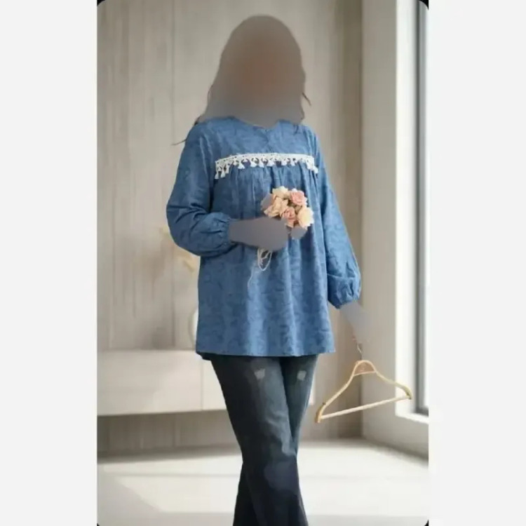 شومیز مانتویی هما لینن کنفی وارداتی رنگ آبی سایز فری تا 50 خرجکار مکرومه
