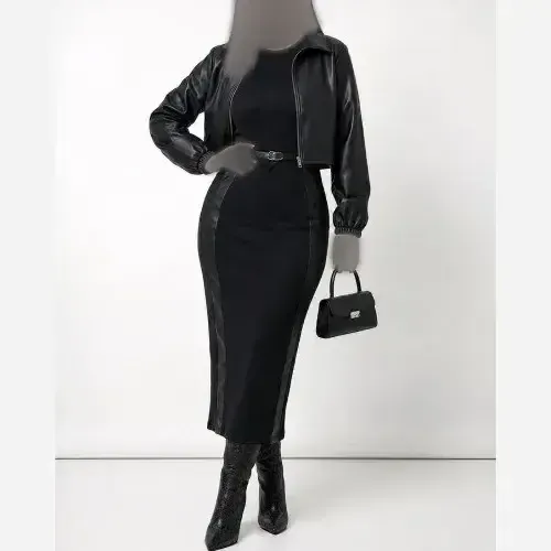 ست سارافون و کت زنانه جنس مازراتی و چرم رنگ قهوه ای و مشکی سایزبندی