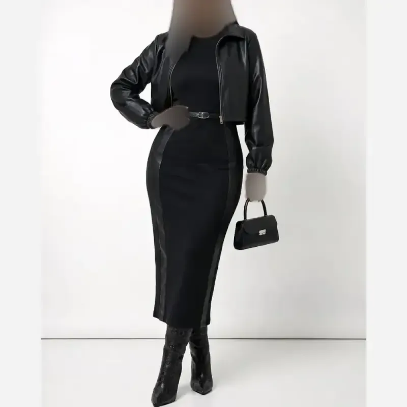 ست سارافون و کت زنانه جنس مازراتی و چرم رنگ قهوه ای و مشکی سایزبندی