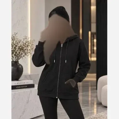 سویشرت زیپدار دورس تو کرکی کلاهدار فری سایز رنگ مشکی و سفید