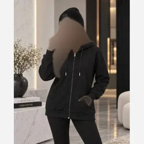 سویشرت زیپدار دورس تو کرکی کلاهدار فری سایز رنگ مشکی و سفید