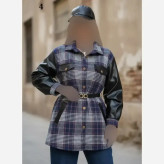 شکت چهارخونه آستین چرم فوتر پشمی فری سایز کمربنددار