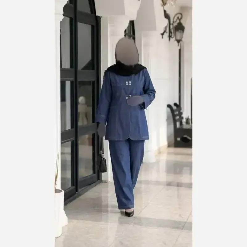 ست مانتو شلوار جین زنانه ابی سایز فری جنس جین کاغذی درجه یک