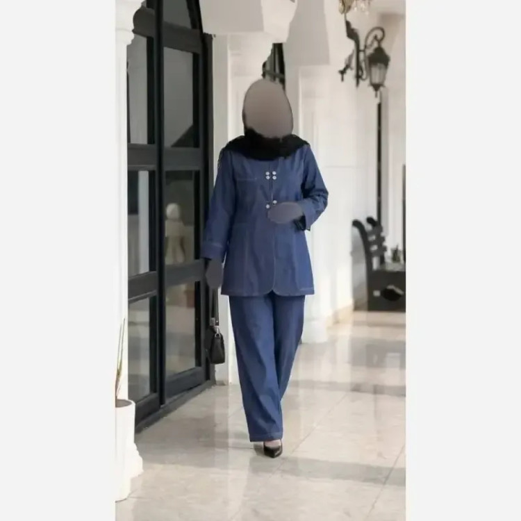 ست مانتو شلوار جین زنانه ابی سایز فری جنس جین کاغذی درجه یک