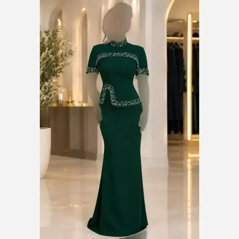 ست دوتیکه ماکسی و شنل مدل پریسیما کرپ دالقیچ و حریر مروارید و نگین دار رنگ سرمه ای و مشکی
