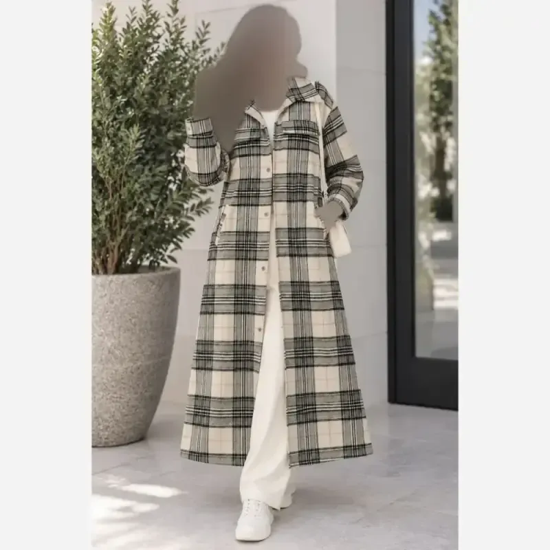 مانتو پشمی چهارخونه موهر دار ضخیم زنانه سایز بزرگ