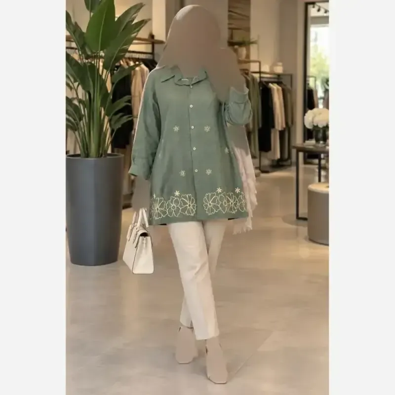 شومیز مانتویی مهگل شانتون گلدوزی شده سایزبندی کامل