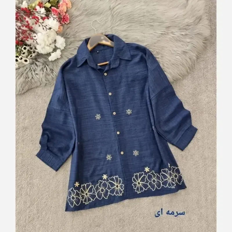 شومیز مانتویی مهگل شانتون گلدوزی شده سایزبندی کامل
