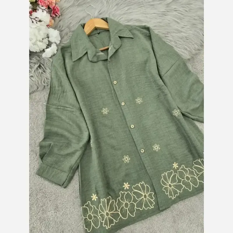 شومیز مانتویی مهگل شانتون گلدوزی شده سایزبندی کامل