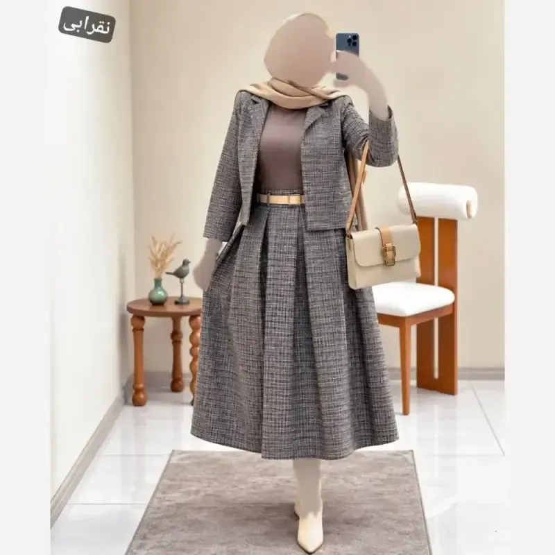 ست کت دامن ریما پاییزه جنس ریما گرم بالا فری سایز 38 تا 44 رنگ کرم نسکافه ای نقرابی