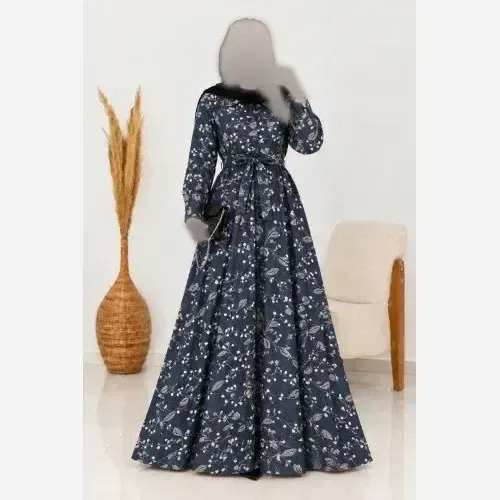 پیراهن پاییزه مخمل چاپی مدل گلسار سورمه ای مات فری سایز 38 تا 48
