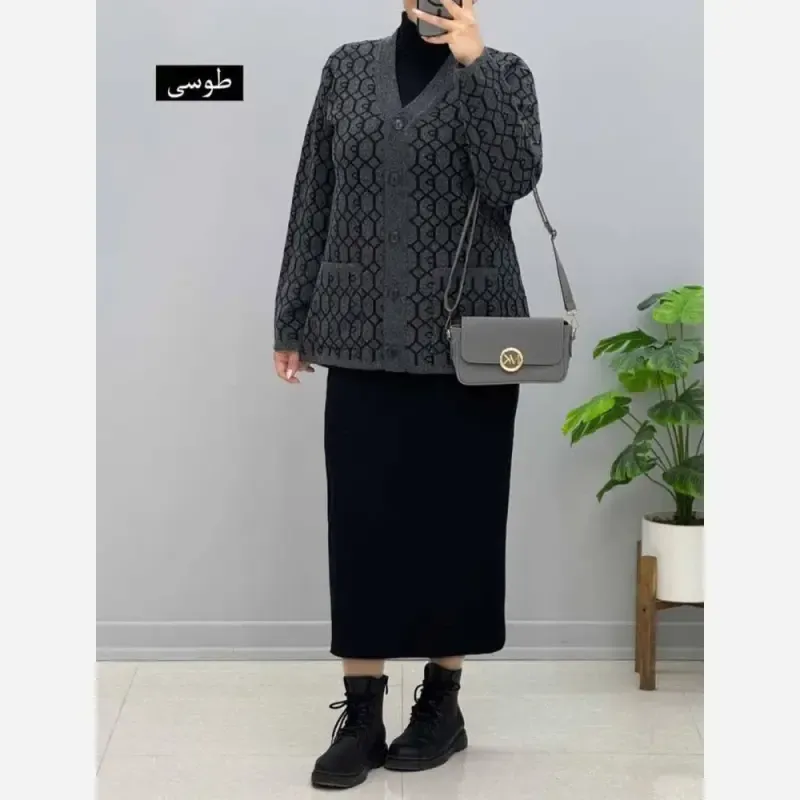 ژاکت بافت مخملی یقه هفت جیب دار فری سایز