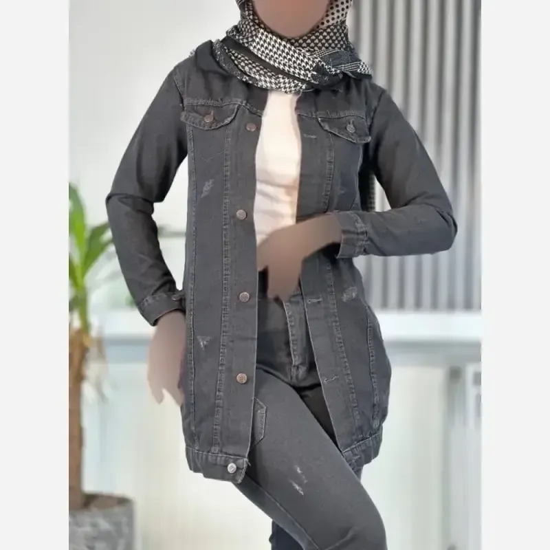 کت جین بلند زنانه ضخیم سنگشور شده