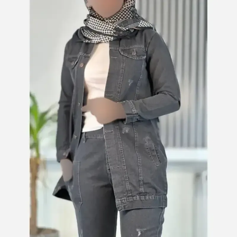 کت جین بلند زنانه ضخیم سنگشور شده