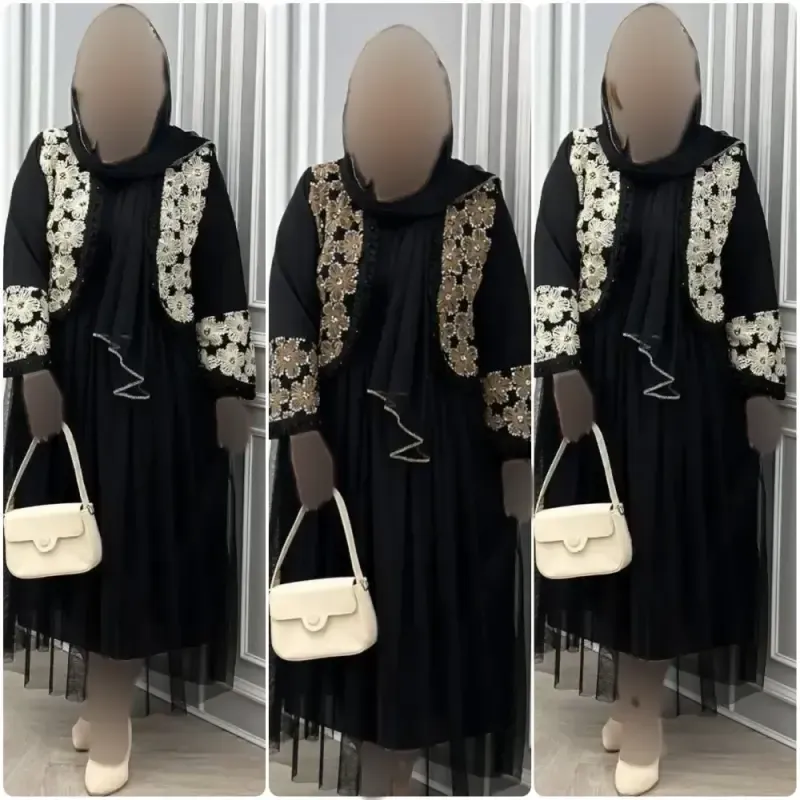 ست سه تیکه کت و دامن و شال مجلسی مدل روناک جنس مازراتی خرجکار هندی و تور سایز 38 تا 46
