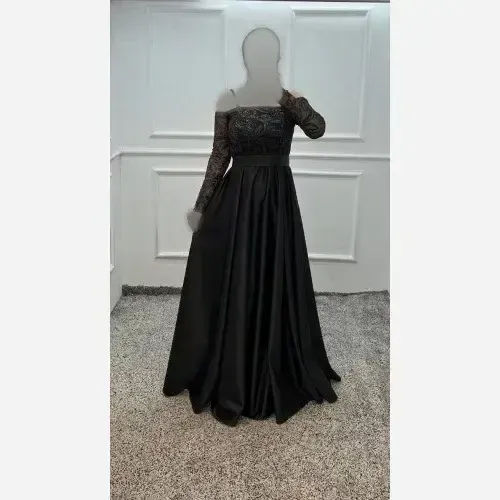 ماکسی مجلسی زنانه ساتن آمریکایی و تور شایندار مشکی قد 150 کمربنددار