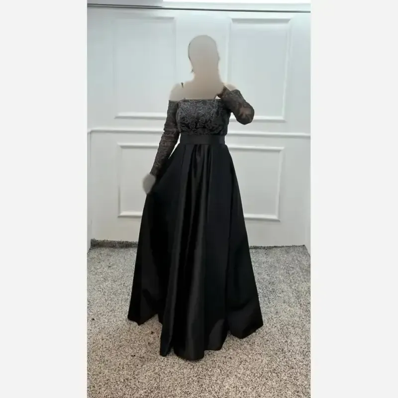 ماکسی مجلسی زنانه ساتن آمریکایی و تور شایندار مشکی قد 150 کمربنددار