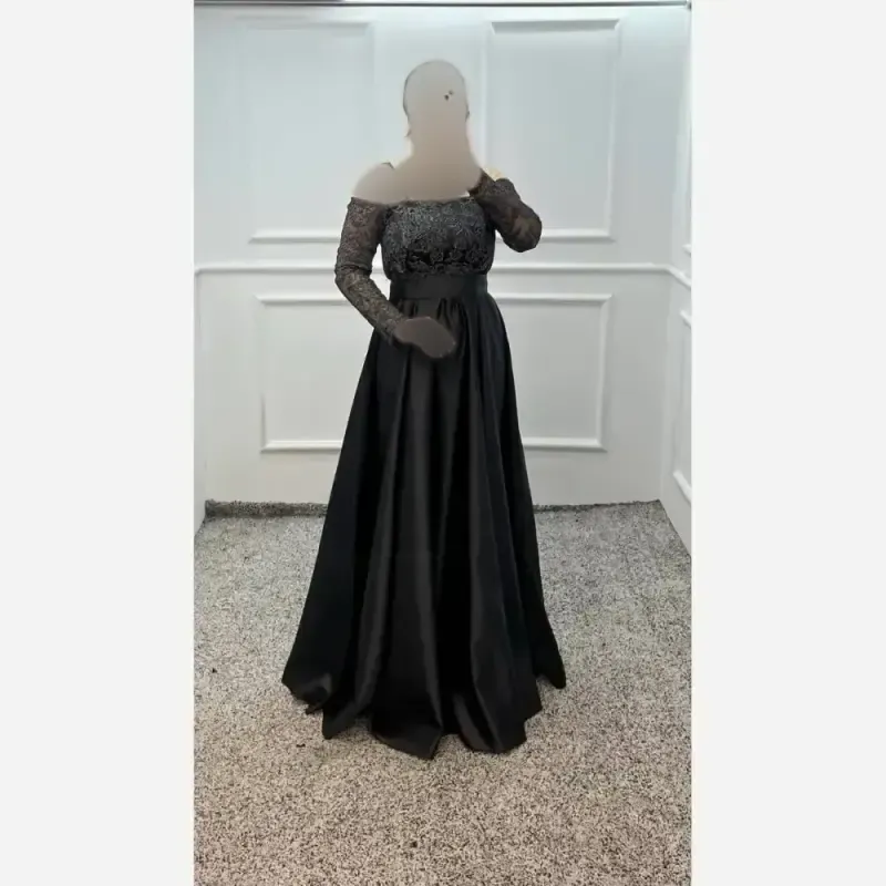ماکسی مجلسی زنانه ساتن آمریکایی و تور شایندار مشکی قد 150 کمربنددار
