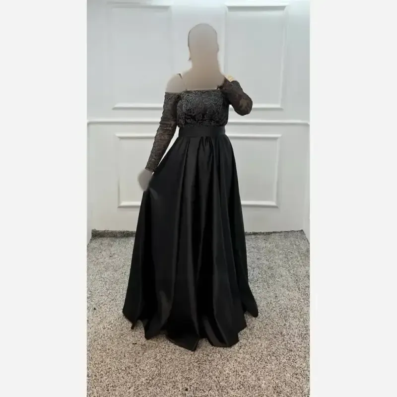 ماکسی مجلسی زنانه ساتن آمریکایی و تور شایندار مشکی قد 150 کمربنددار
