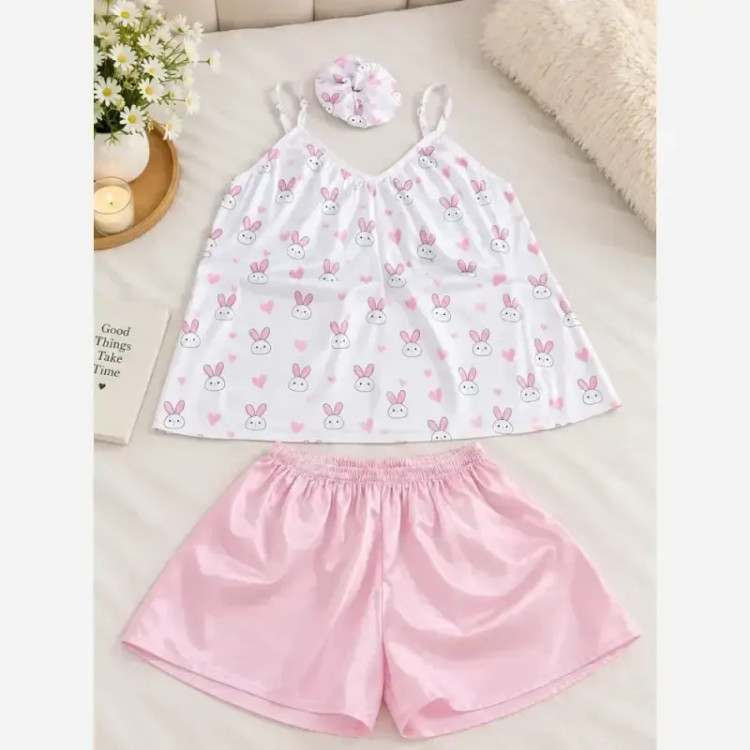 ست لباس خواب سه تیکه ساتن تاپ و شلوارک سایز 36 تا 46