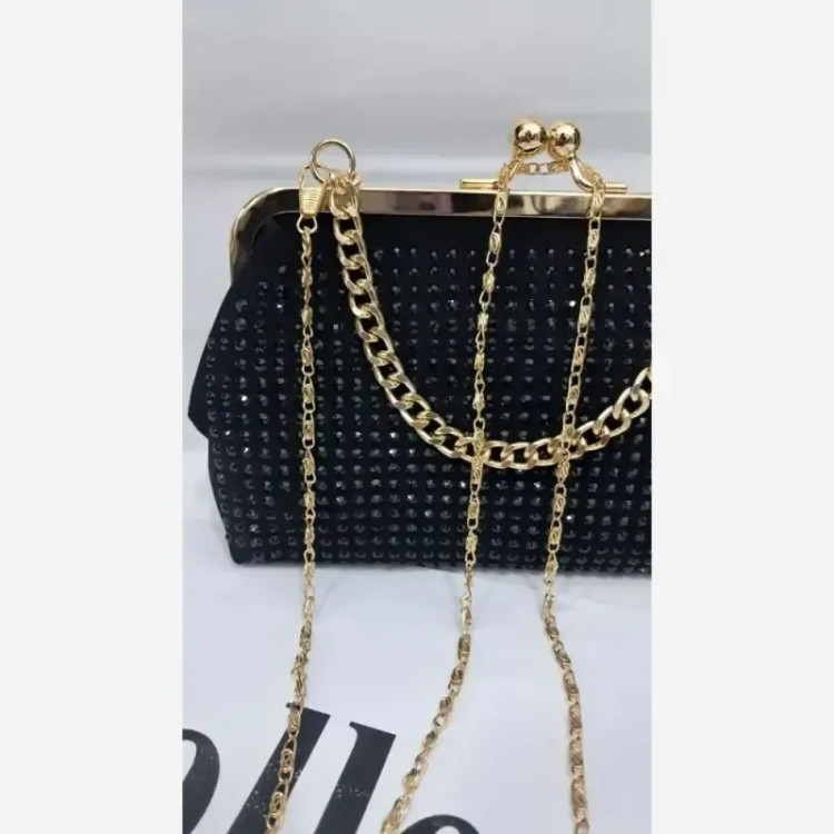 کیف مجلسی مخمل نگین کاری شده رنگ مشکی سایز 18 در 13 بند زنجیری