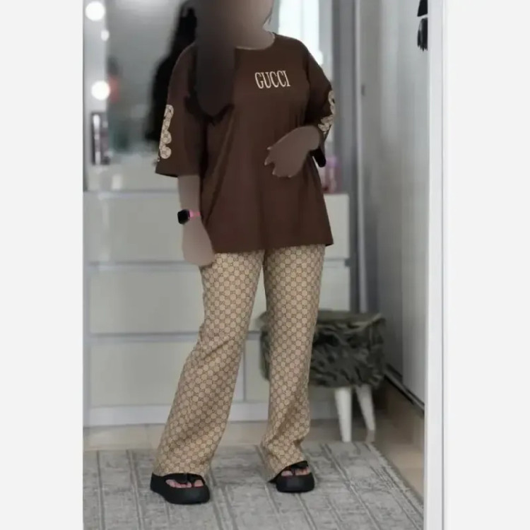 ست لویی پنبه گلکسی باکیفیت فری سایز کرم و شکلاتی
